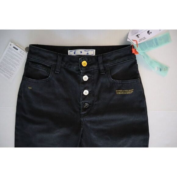 Off-White Women's Sz 26 Black Slogan-Print Straight High-Rise Denim Jeans - Picture 6 of 9